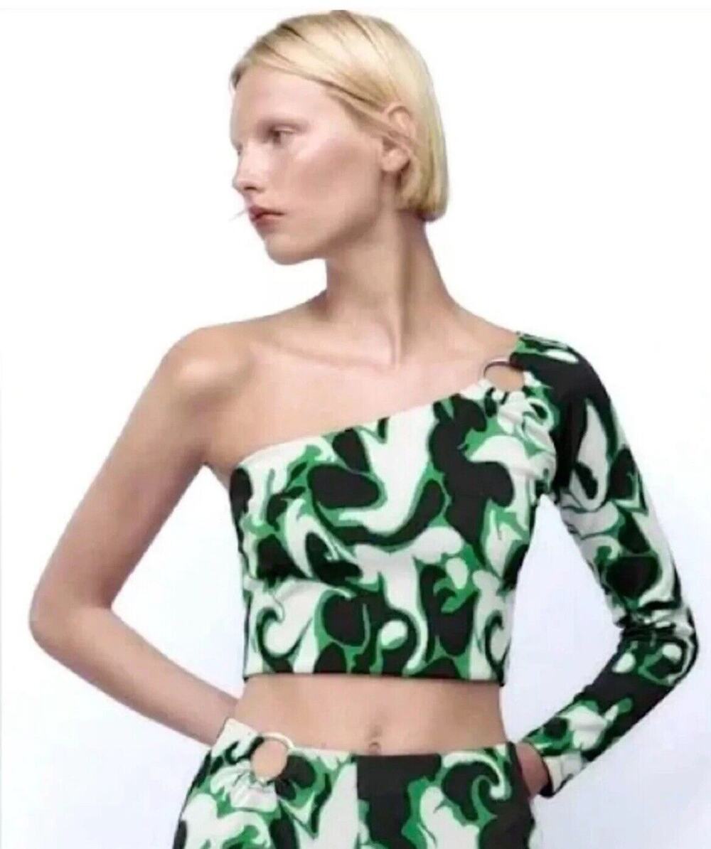 NWT ZARA Green Abstract Design One Shoulder Cropped Silver Ring Size Small NEW
